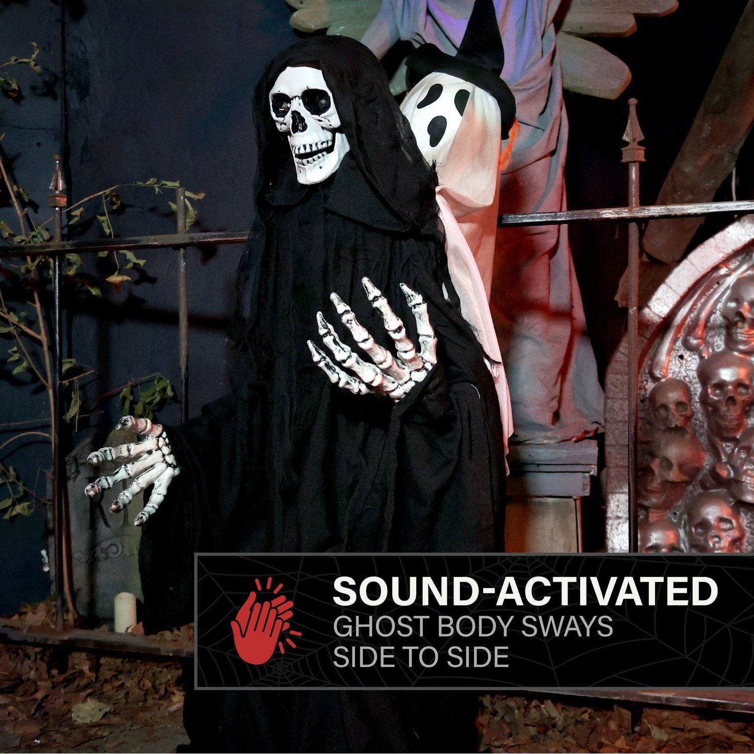 Haunted Hill Farm Red LED Battery Reaper with Hide and Seek Ghost Halloween Animatronic 3.9-Ft.
