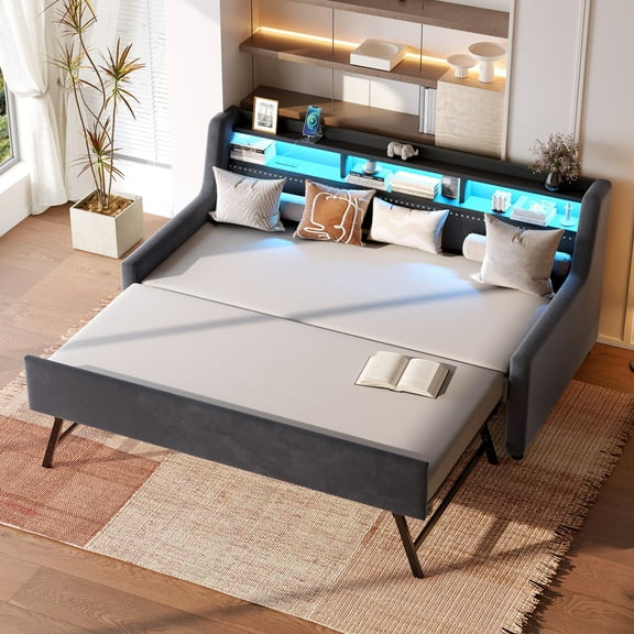 Twin Size Daybed with Trundle, Upholstery Daybed with LED Light ＆ Charging Station, Velvet Day Bed with Wood and Metal Frame