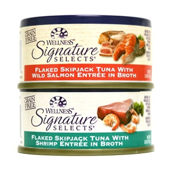 wellness natural grain free signature selects flaked wet cat food variety pack box - 2 flavors (wild salmon & shrimp) - 2.8 ounces each (12 total cans)