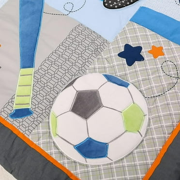 Blue Sports Nursery Crib Bedding Set with Embroidered Soccer, Basketball, and Baseball Designs – Soft Quilt and Fitted Sheet for Baby Boy
