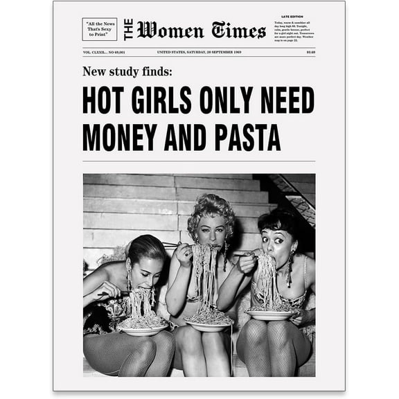 MWZUPQ Trendy Black And White Aesthetic Poster Vintage Newspaper Wall Art Fashion Women Eating Pasta Kitchen Prints for Hot Girl Bedroom Room Wall Decor 08X10 inch Unframed
