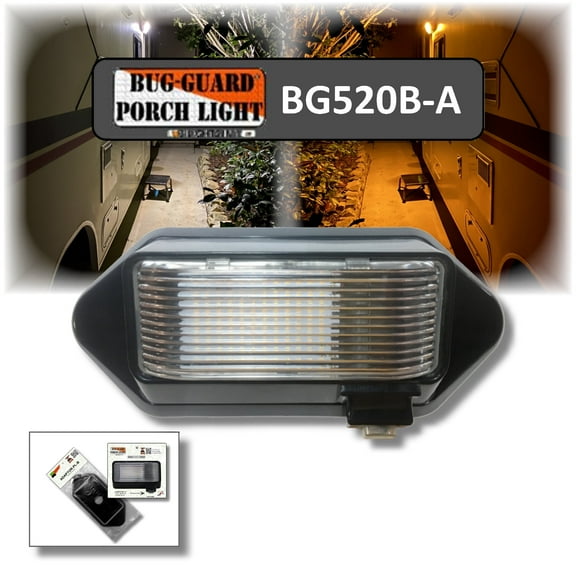 BG520B-A, 12 Volt Functional Exterior RV long-life LED Flood Porch light with bright 220 lumen (Amber)/520 Lunen (Black), 2 Lights in one.