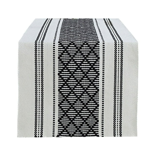 Long Cotton Table Runner with Fringe Black Woven Farmhouse Table Topper Extra Long Dresser Scarf Washable Heavy Linen for Modern Boho Home
