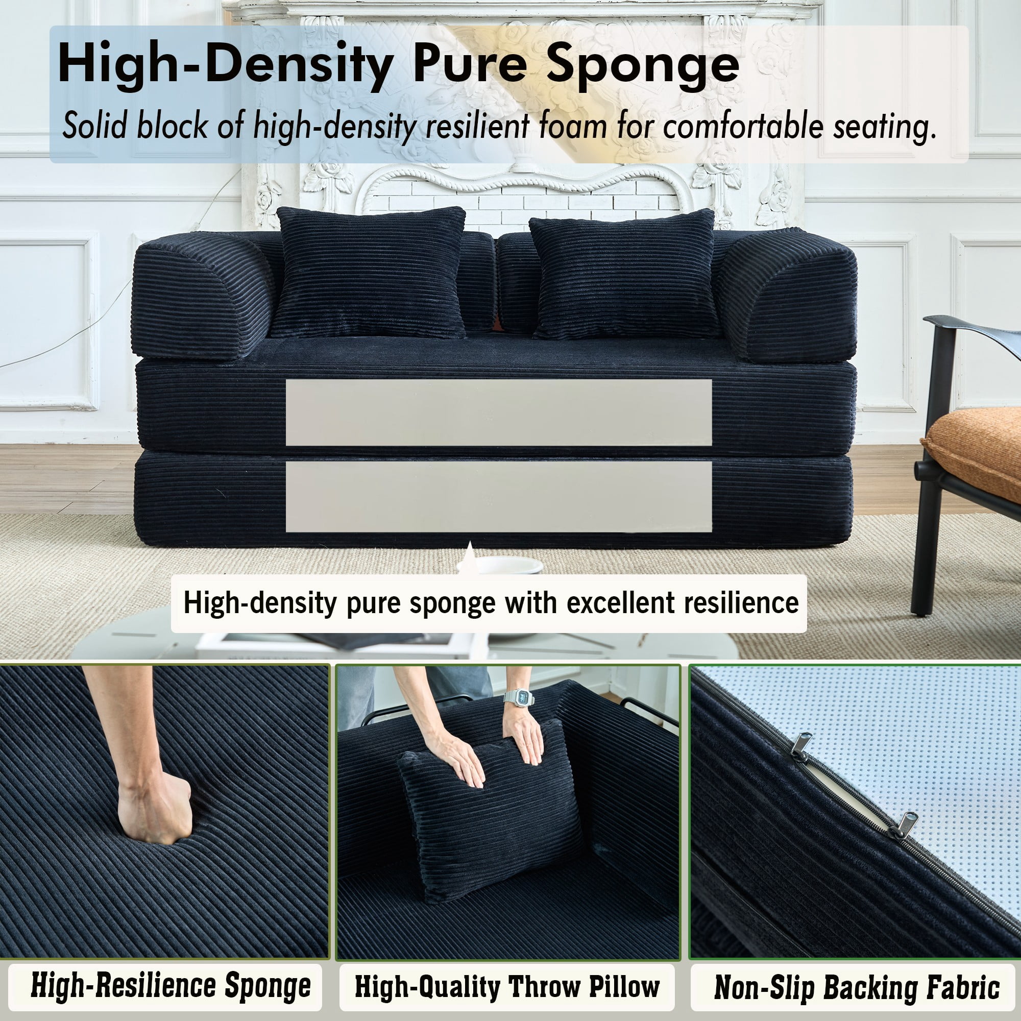 BSHTI 59" Corduroy Convertible Sleeper Sofa Bed with Cylindrical Pillow, No Assembly, Small Space for Living Room（Black）