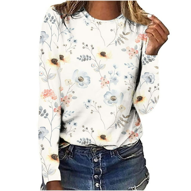 T-shirts à Manches Longues pour Femmes, Col Ras du Cou, Tuniques à Imprimé Floral, Hauts Doux Décontractés, Blouse Coupe Ample