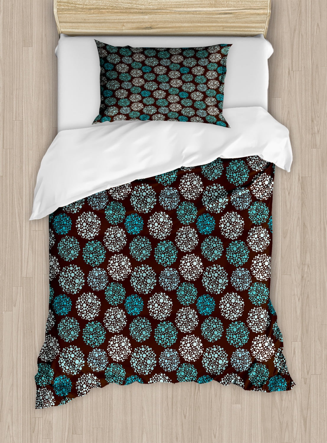 Brown and Blue Duvet Cover Set Twin Size, Dots Forming Oval Shapes Retro Style Abstract ...