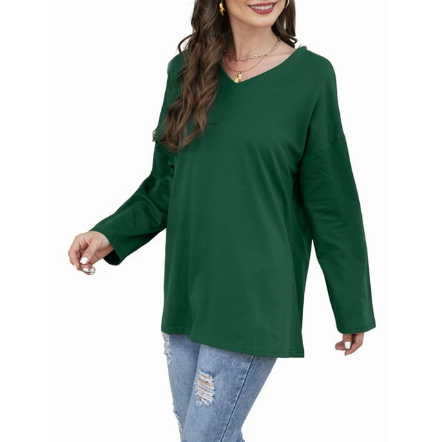 Hauts pour Femmes Manches Longues Col en V Tunique Décontractée Hauts Basiques Chemises Coupe Ample Blouse Verte P