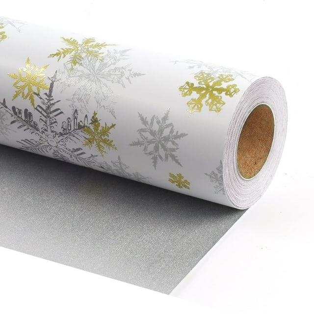 Cintas de papel de regalo con forma de copo de nieve dorado y plateado, 43 cm x 10 m