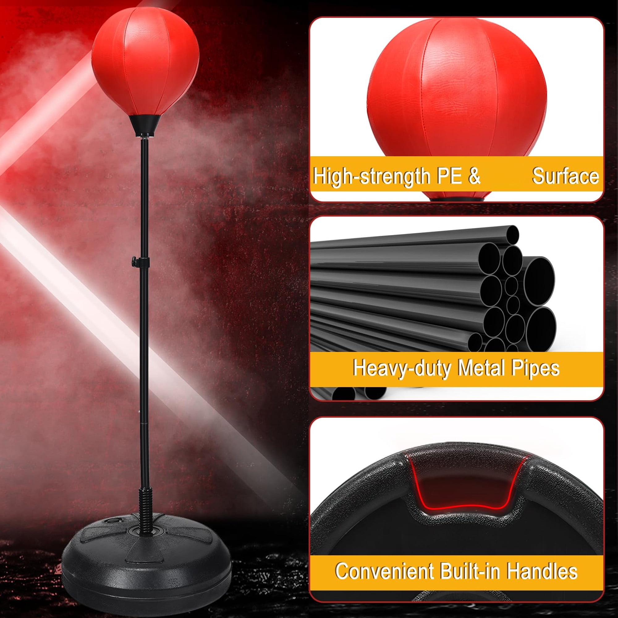 Adjustable height punching bag set for boxing training, freestanding heavy bag with stand gloves pump reflex ball, perfect for adults home gym workout, red
