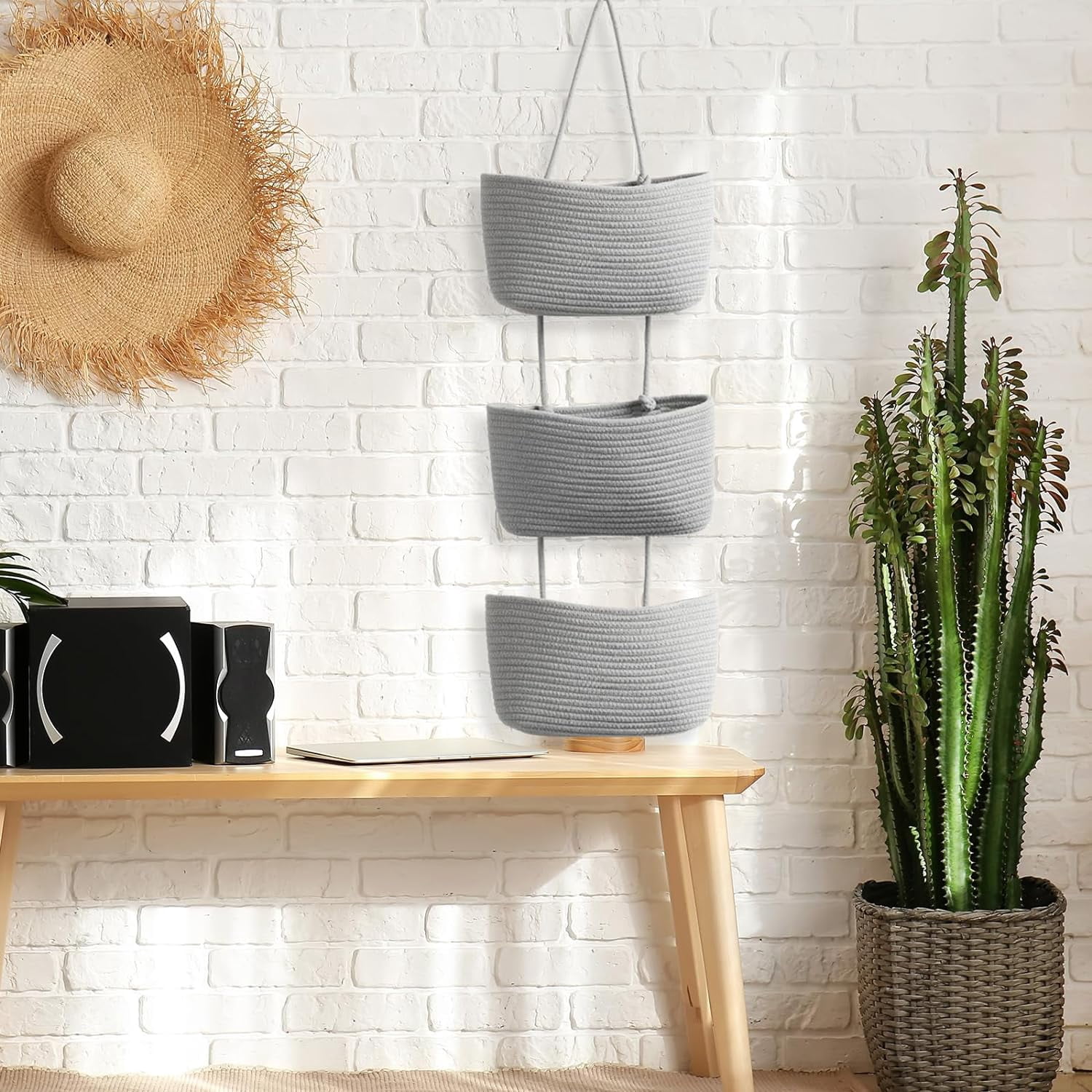 Over the Door Hanging Basket, 3-Tier Woven Cotton Wall-Mounted Storage Organizer Bag Decorative Hanging Nursery Baskets - Jute