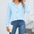 thumbnail image 6 of TFEOQRY Women's Ruffle Front Blouse Solid Color V Neck Long Sleeve Elegant Casual Fall Fashion Work Office Top Sky Blue, 6 of 9