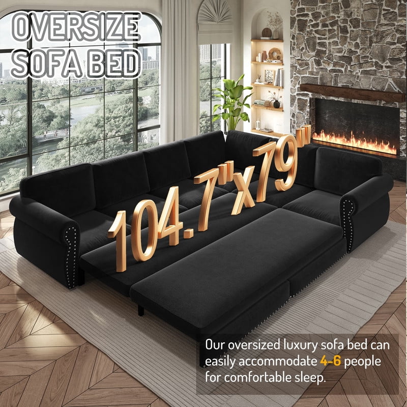 118" L-Shaped Convertible Sleeper Couch Bed, Chenille Upholstered Sectional Sofa with Pull-Out Sofa Bed, Modern Chesterfield Sofa for Living Room