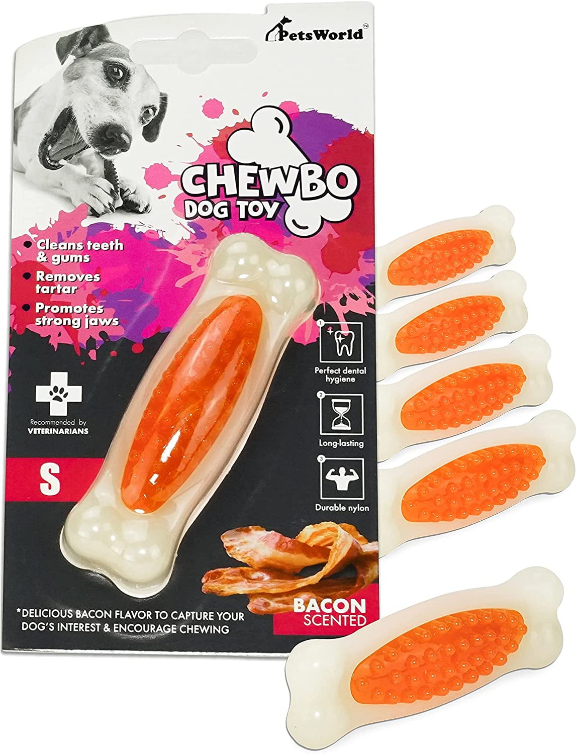 PetsWorld Dental Chewy Bacon Dog Toy, S, 6 Ct