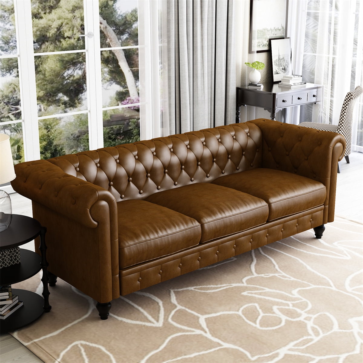 Classic Button Tufted PU Leather Sofa Comfy 3Seater Sofa Couch with Rolled Arms and Black Wood