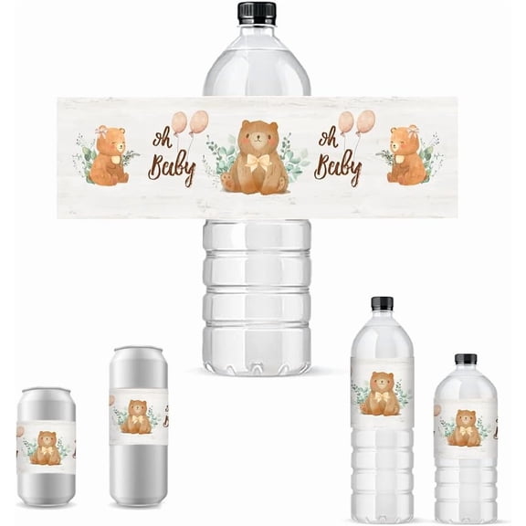 30pcs Bear Water Bottle Labels Bottle Wrappers Waterproof Water Bottle Stickers Self-Adhesive Cover Tags for DIY Birthday Party Wine Champagne Bottle Decorations