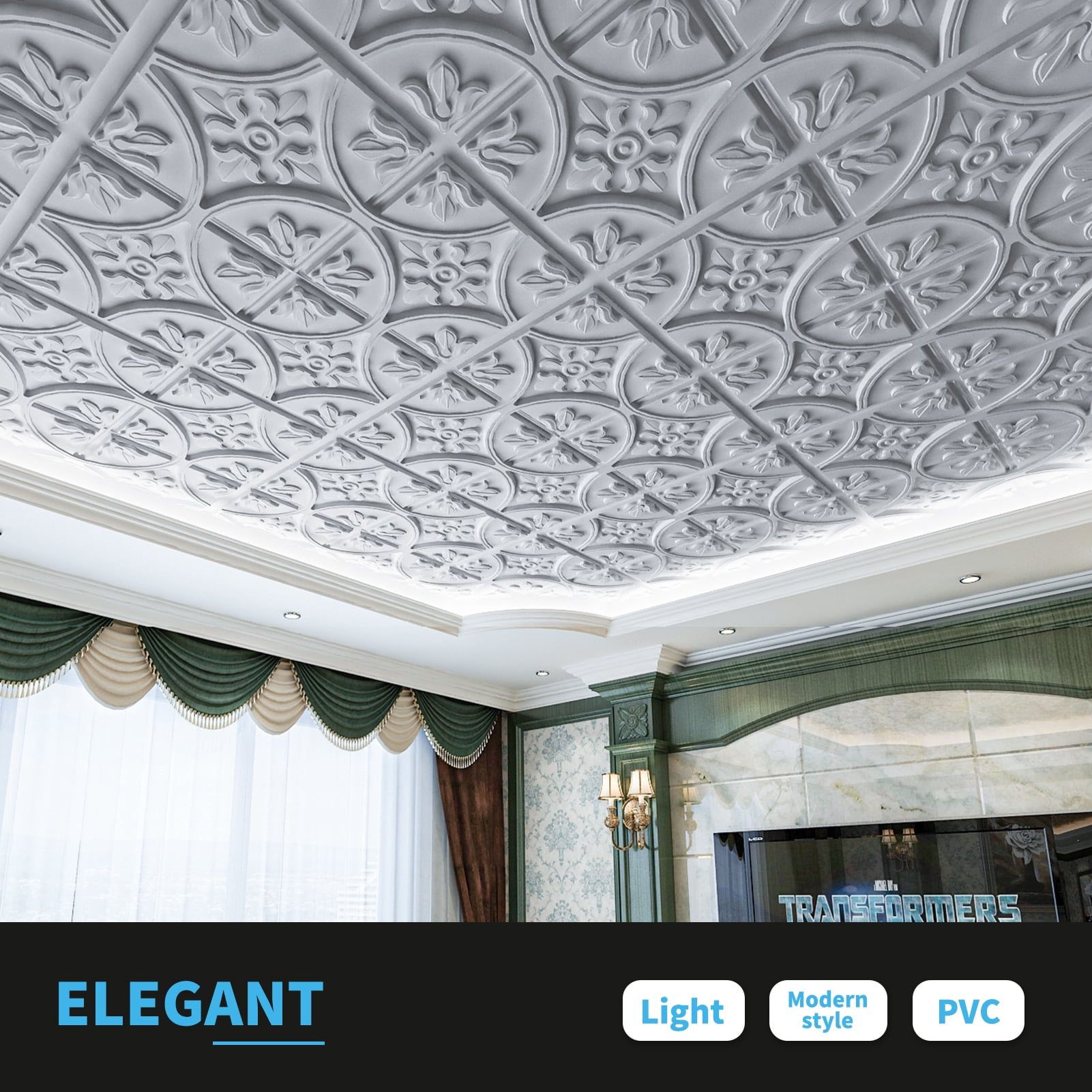 Art3d 12-Piece 24x24 inch PVC Ceiling Tiles, Fancy Classic Style in Argent Silver