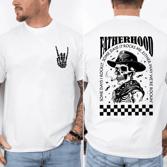 Fatherhood Rocks Shirt Funny Skeleton Dad Graphic Tee, Rock Dad T-Shirt, Cool Fathers Day Gift for Dad Husband, Front and Back Print, Soft Cotton Unisex Shirt