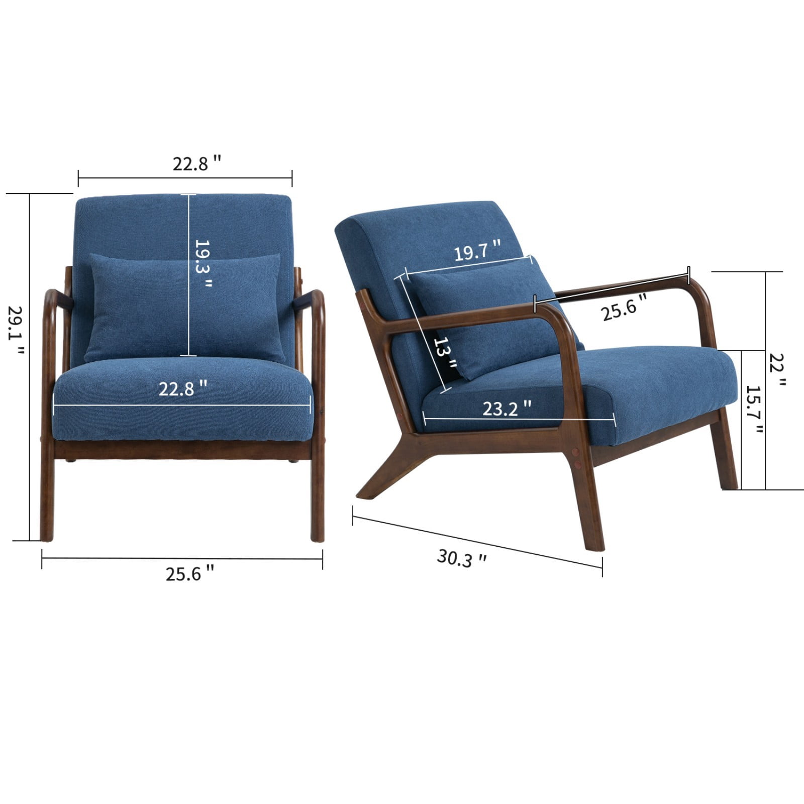 Mid Century Modern Accent Chair Upholstered Living Room Chair with Waist Cushion Wood Frame Reading Armchair for Bedroom Sunroom Indoor Lounge Chair, Dark Blue
