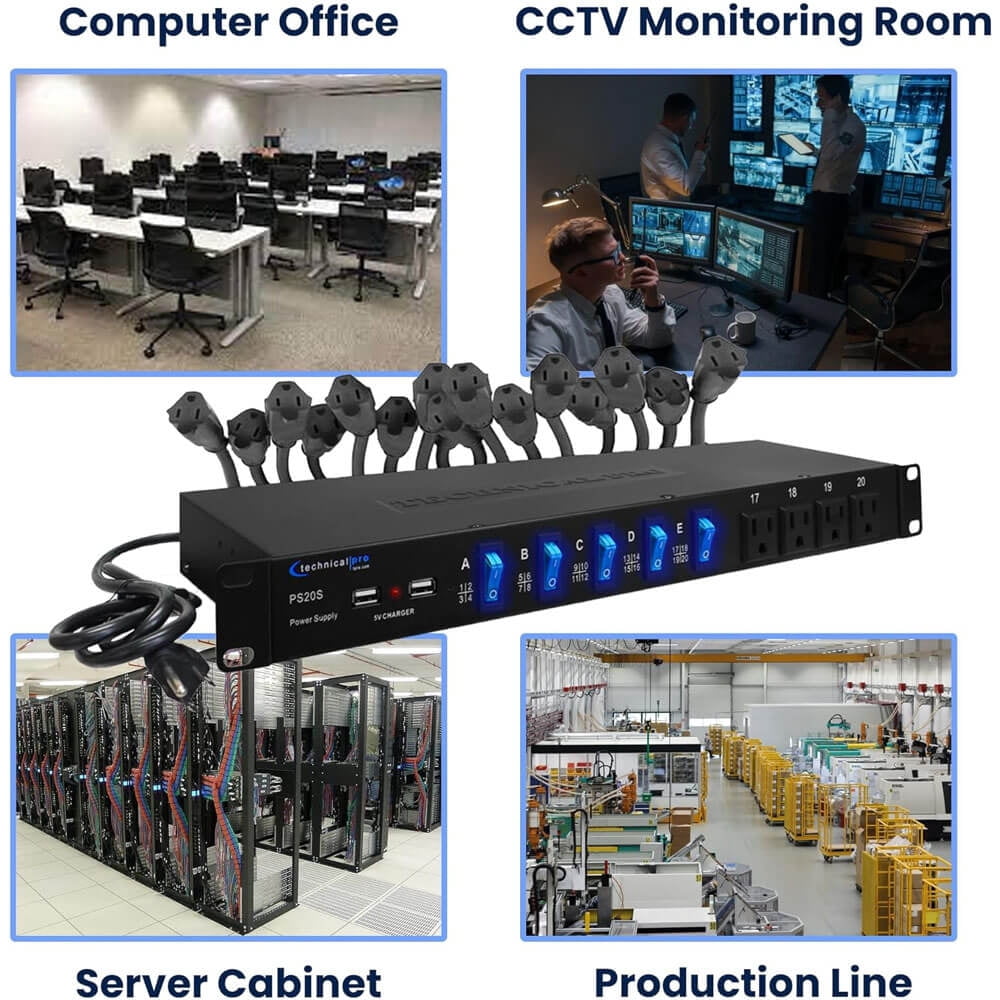 Technical Pro PS20S 20 Outlet 4 USB Port Rackmount Power Supply and Surge Protector