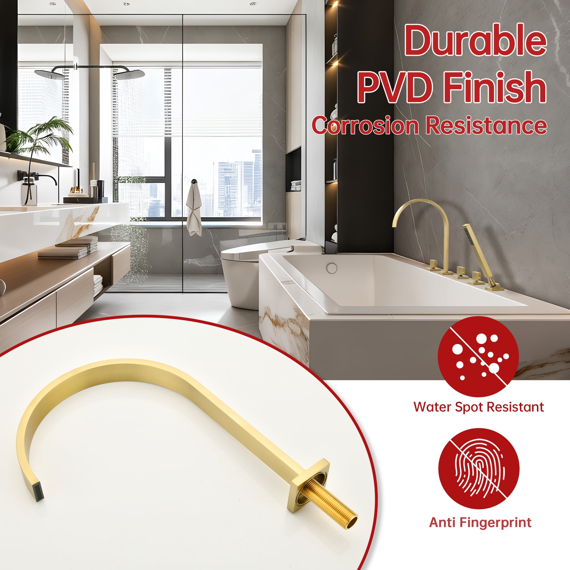 SUMERAIN Brushed Gold 5 Hole Roman Tub Faucet with Hand Shower, Deck Mount Waterfall Bathtub Faucet with Valve, High Flow