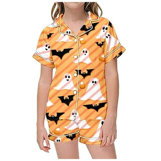 Caqnni Girls Silk Satin Pajama Set Halloween Pumpkin Print Short Sleeve Button Down Shirts And Shorts 2 Piece Sleepwear Halloween Pjs Girls (12-13