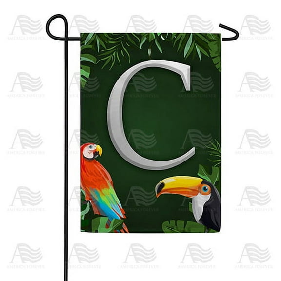 America Forever Tropical Bird Summer Monogram Garden Flag Letter C 12.5 x 18 inches Parrot Toucan Palm Leaves Double Sided Vertical Outdoor Yard Lawn Decorative Coastal Garden Flag