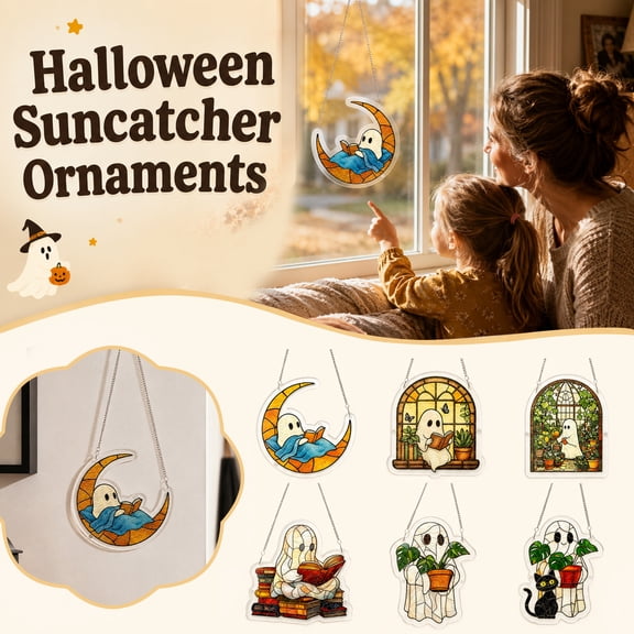 Halloween Cute Ghost Acrylic Wall Hanging Suncatcher Decor - 2D Flat Stained Glass Style Wall Ornament with Chain for Indoor Outdoor Home (1 Pack)
