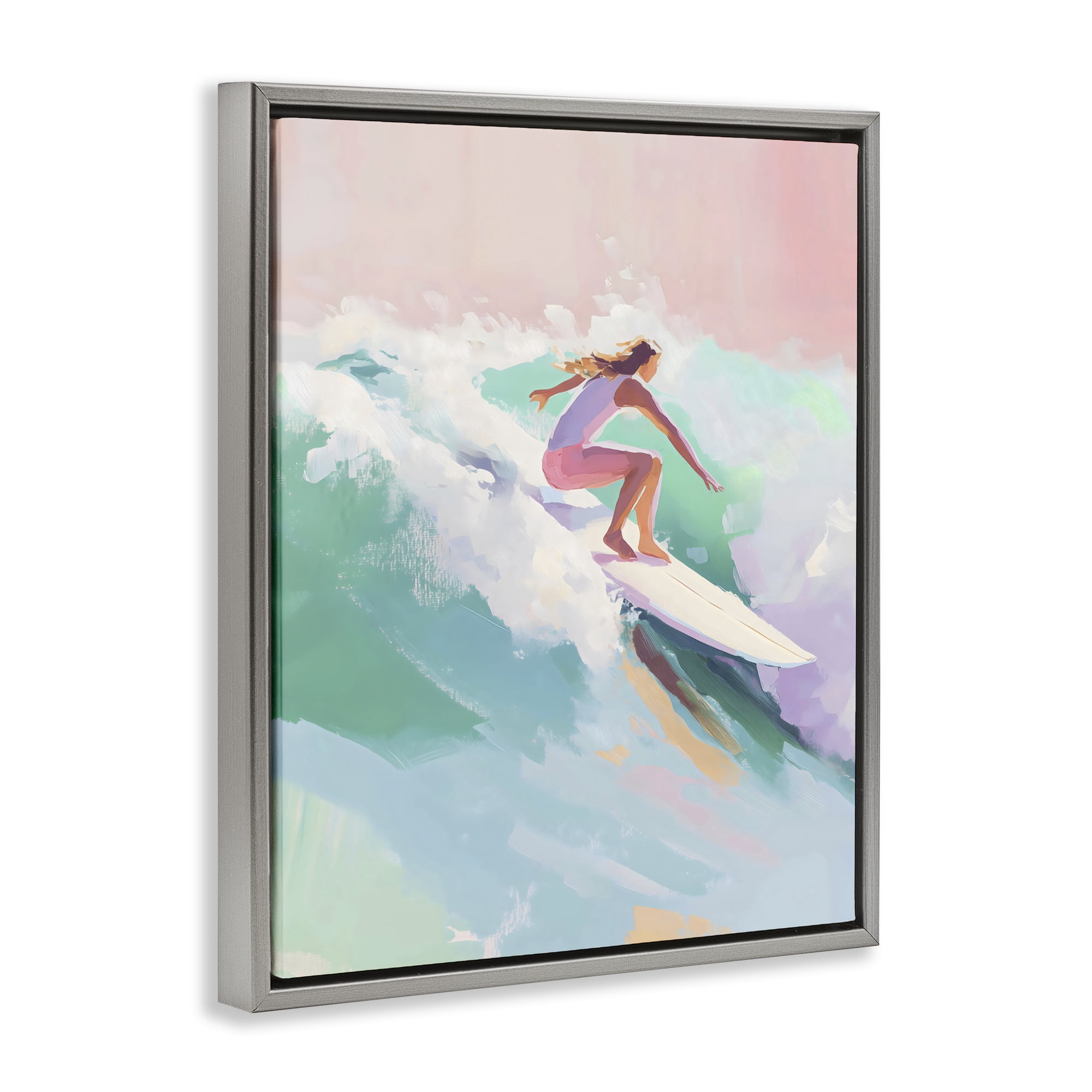 Stupell Industries Surfer Girl Riding Waves Gray Framed Floater Canvas Wall Art, design by The Prints Vibe