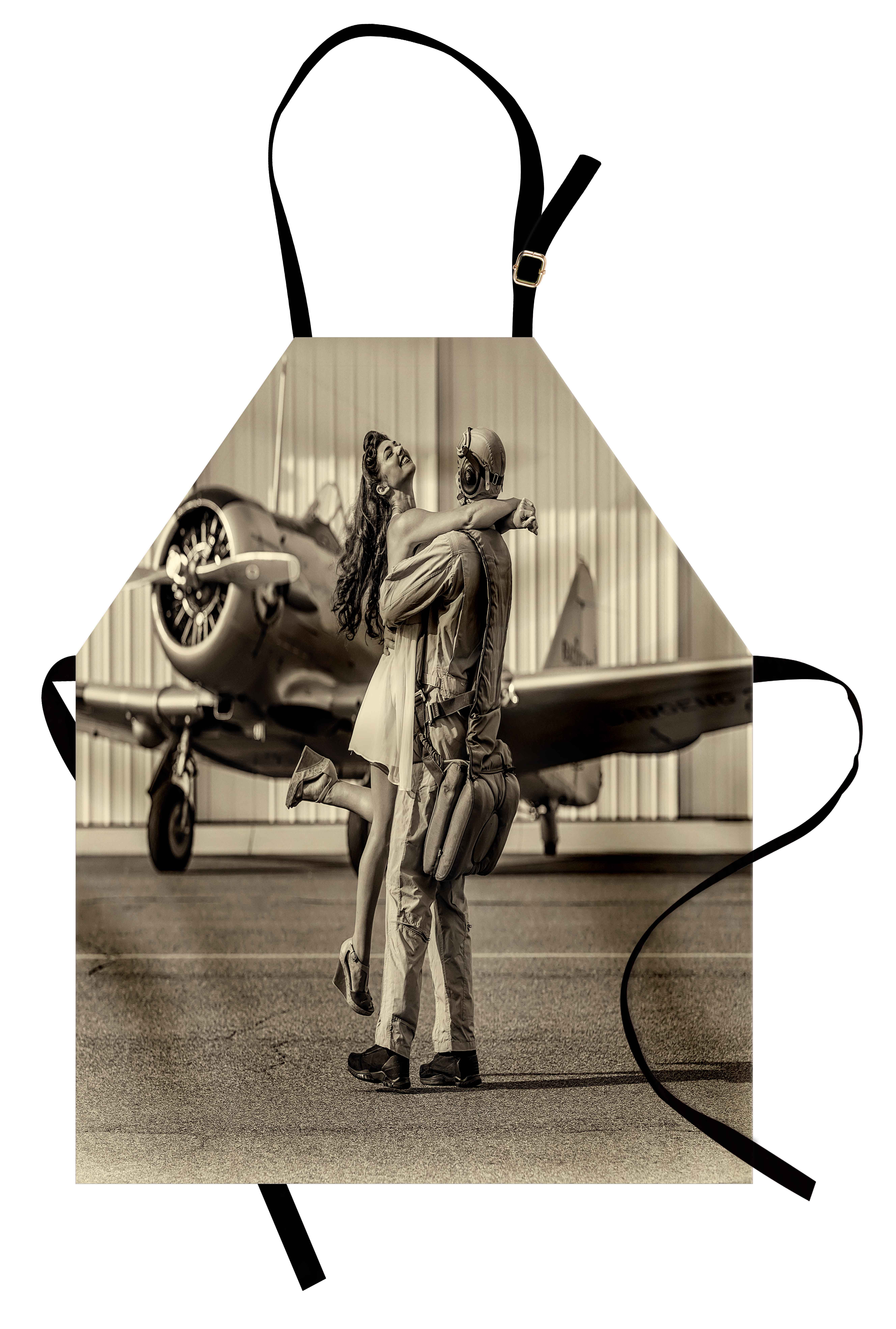 Vintage Airplane Apron Brunette Young Woman Hugging a Pilot Historical Aircraft Homecoming IMage Print, Unisex Kitchen... by 3decor llc
