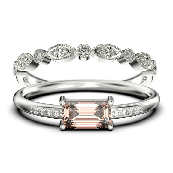 Beautiful Minimalist 1.45 Carat Emerald Cut Morganite And Diamond Moissanite Engagement Ring, Wedding Ring, One Matching Band in Silver With 18k White Gold Plating, Gift For Her, Promise Ring