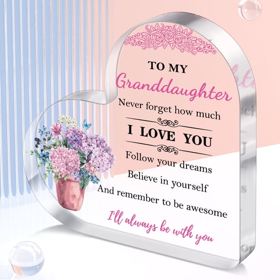 Unique Gift From Grandma To Granddaughter Acrylic Heart Nameplate with Beautiful Floral Print Pattern Wonderful Crystal Desk Decoration for Parties Birthdays Weddings Christmas and New Year