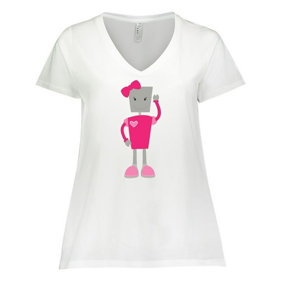 Inktastic Cute Robot, Girl Robot, Pink Robot With Ribbon Women's Plus Size V-Neck T-Shirt