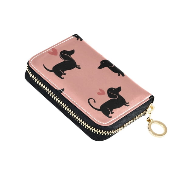 Dachshund Dog with Hearts Valentine Women's Credit Card Holder PU Leather Zipper Wallet RFID Blocking
