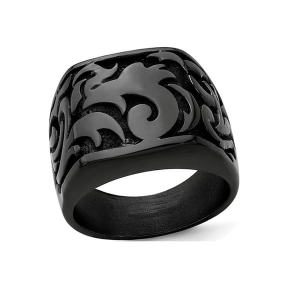 Gem & Harmony Mens Black Titanium Pattern Signet Ring for Men
