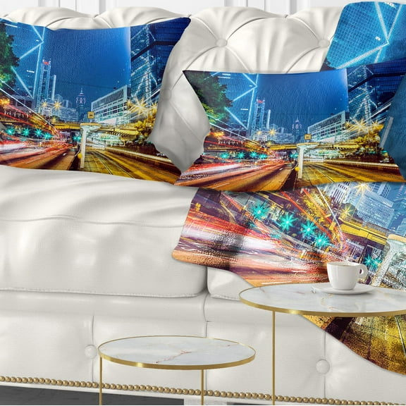 Designart Hong Kong City Night Scene - Cityscape Art Throw Pillow - 12x20