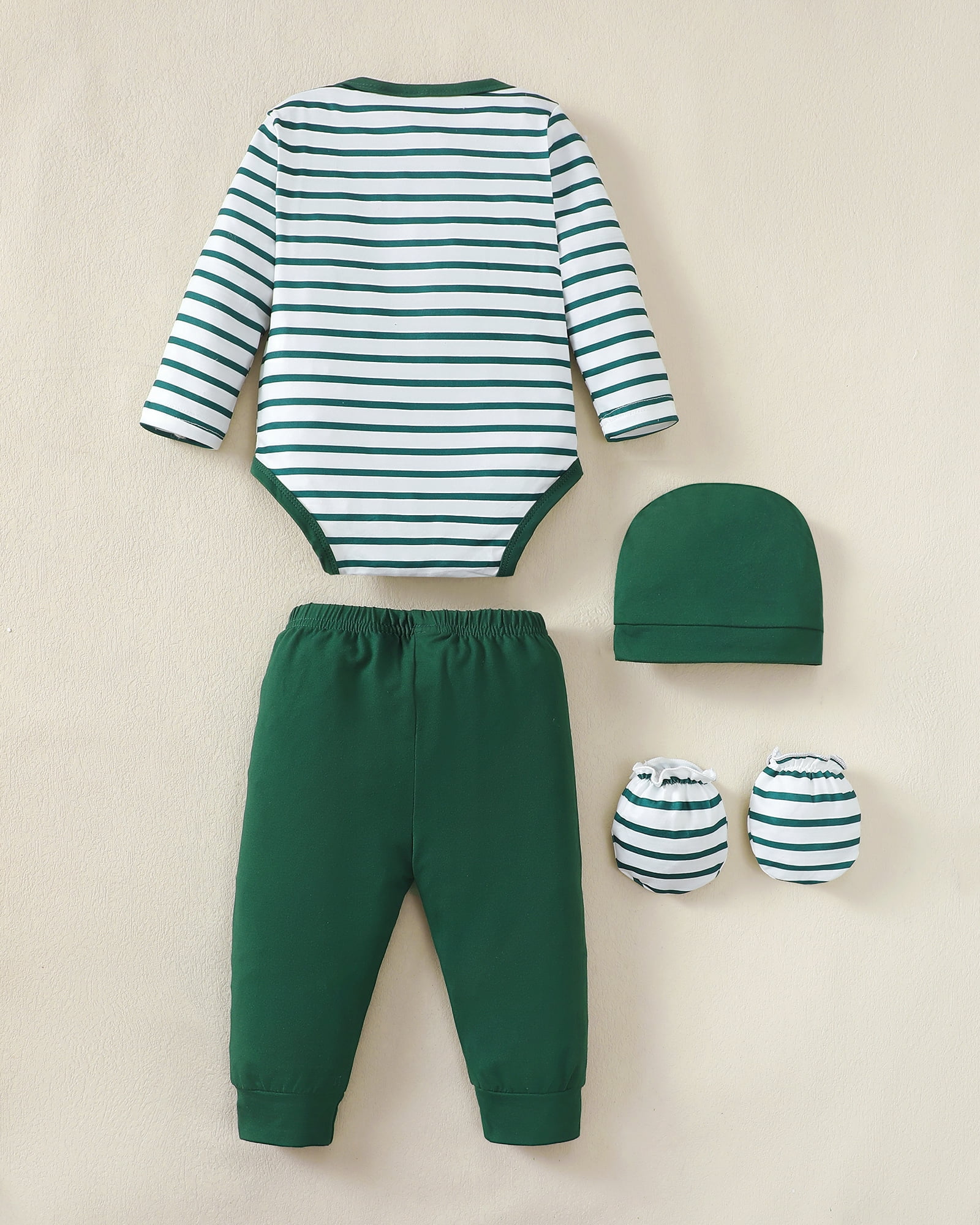 KIMI BEAR Newborn Baby Boys Layette Set 9-12 Months Winter Outfits Long Sleeves Dinosaur Print Romper Top Pants Gloves Hats 4 Packs Shower Gifts 16 Piece Set Green