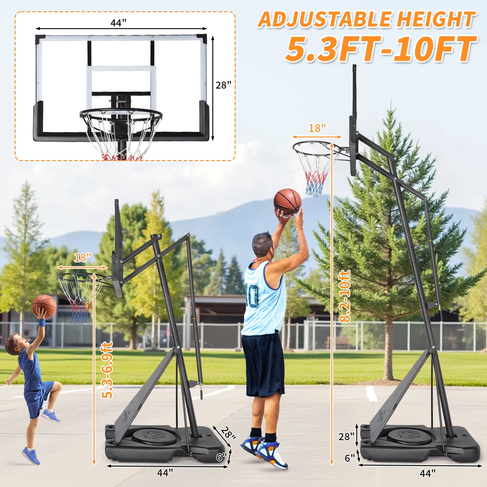 Ktaxon 44in 5.3-10ft Portable Adjustable Portable Basketball Hoop Outdoor