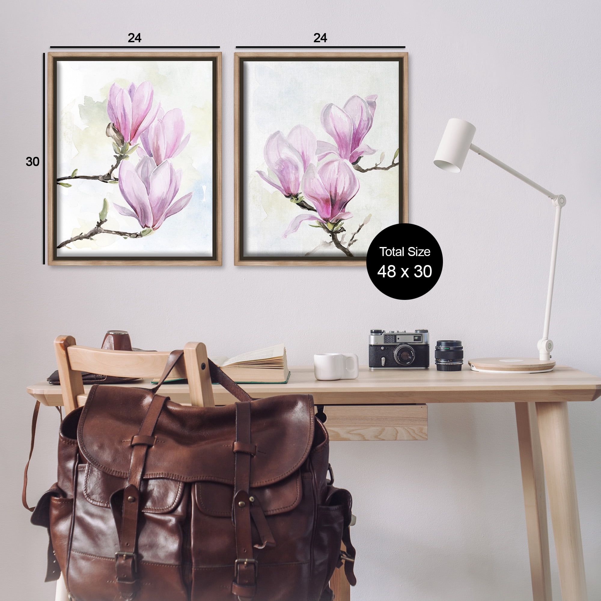 Stupell Industries Pink Magnolia Flower Blossoms Botanical & Floral Painting Brown Floater Framed Canvas Art Print Wall Art, 25 x 31, Set of 2