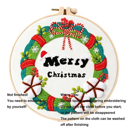 Christmas Pattern DIY Embroidery Kit Holiday Pre-Printed Embroidery Set with Embroidery Fabric Bamboo-Style Hoop Enough Threads Needles & Pattern Instruction Beginner Craft Supplies