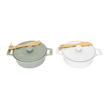 Desert Fields Round Stoneware Brie Bakers with Lids & Wood Spreaders (Set of 2 Colors)