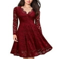 thumbnail image 4 of Laklulu Women's Vintage Floral Lace Long Sleeve V Neck Cocktail Formal Swing Dress, Temperament long skirt,claret,S, 4 of 5
