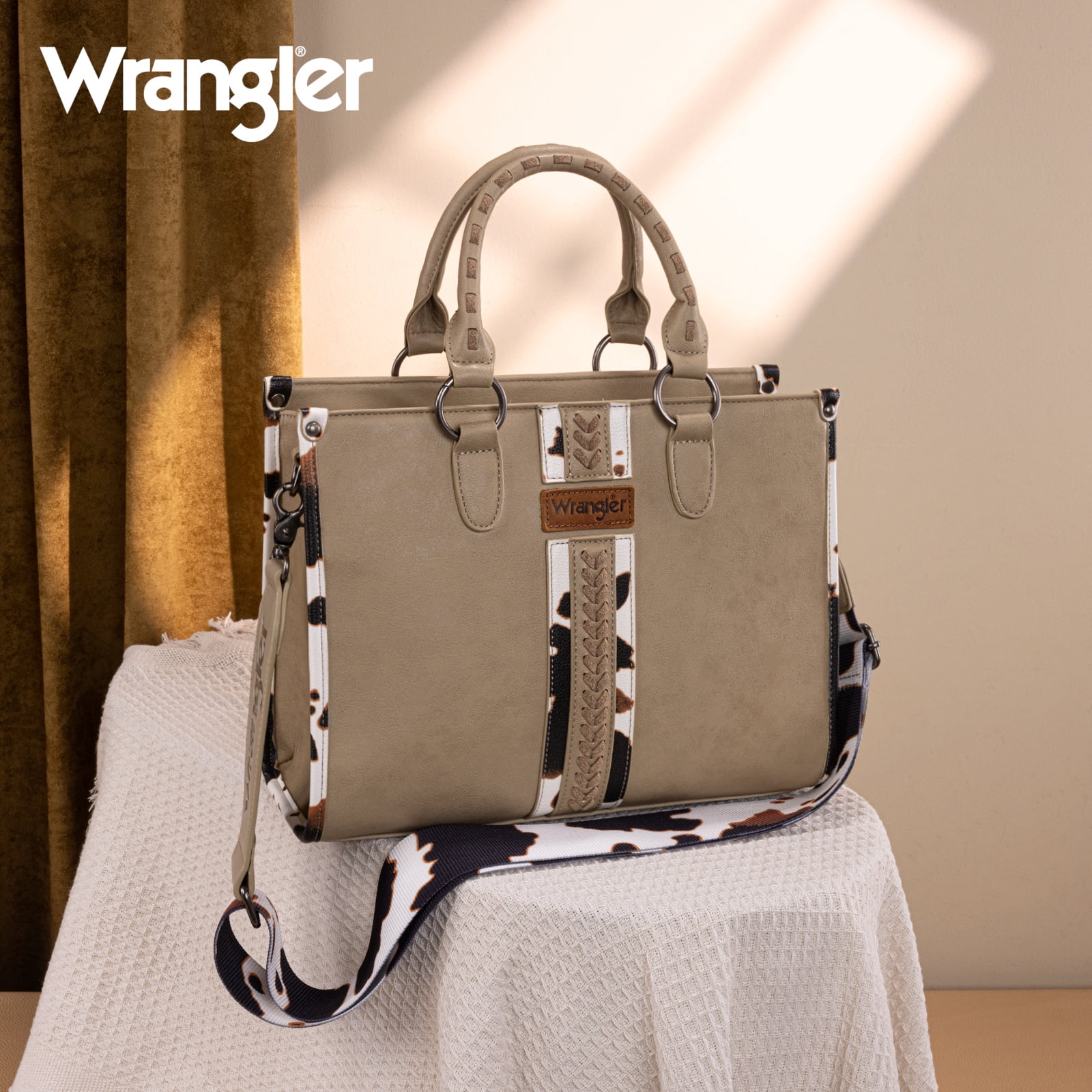 Wrangler Cow Print Tote Bag for Women Western Purse Boho Top Handle Satchel Handbag, Cow-Khaki