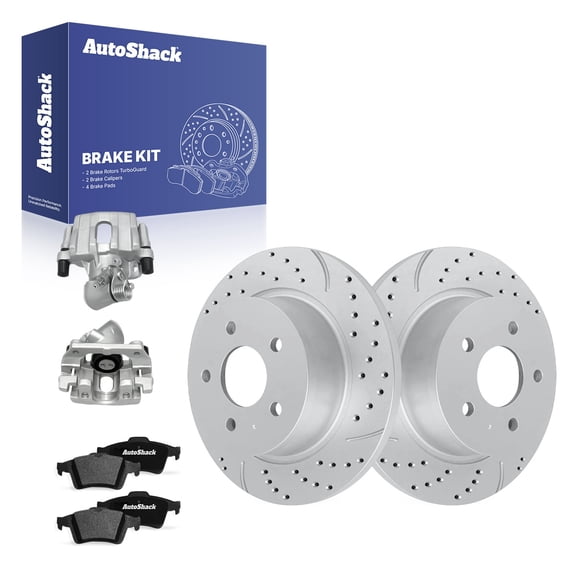 AutoShack Rear Solid Drilled & Slotted Coated Brake Rotors Silver Matte Finish   Ceramic Pads   Calipers 8-PC Brake Kit Replacement for 2013-2016 Ford Escape TurboGuard 11.02" (280 mm)