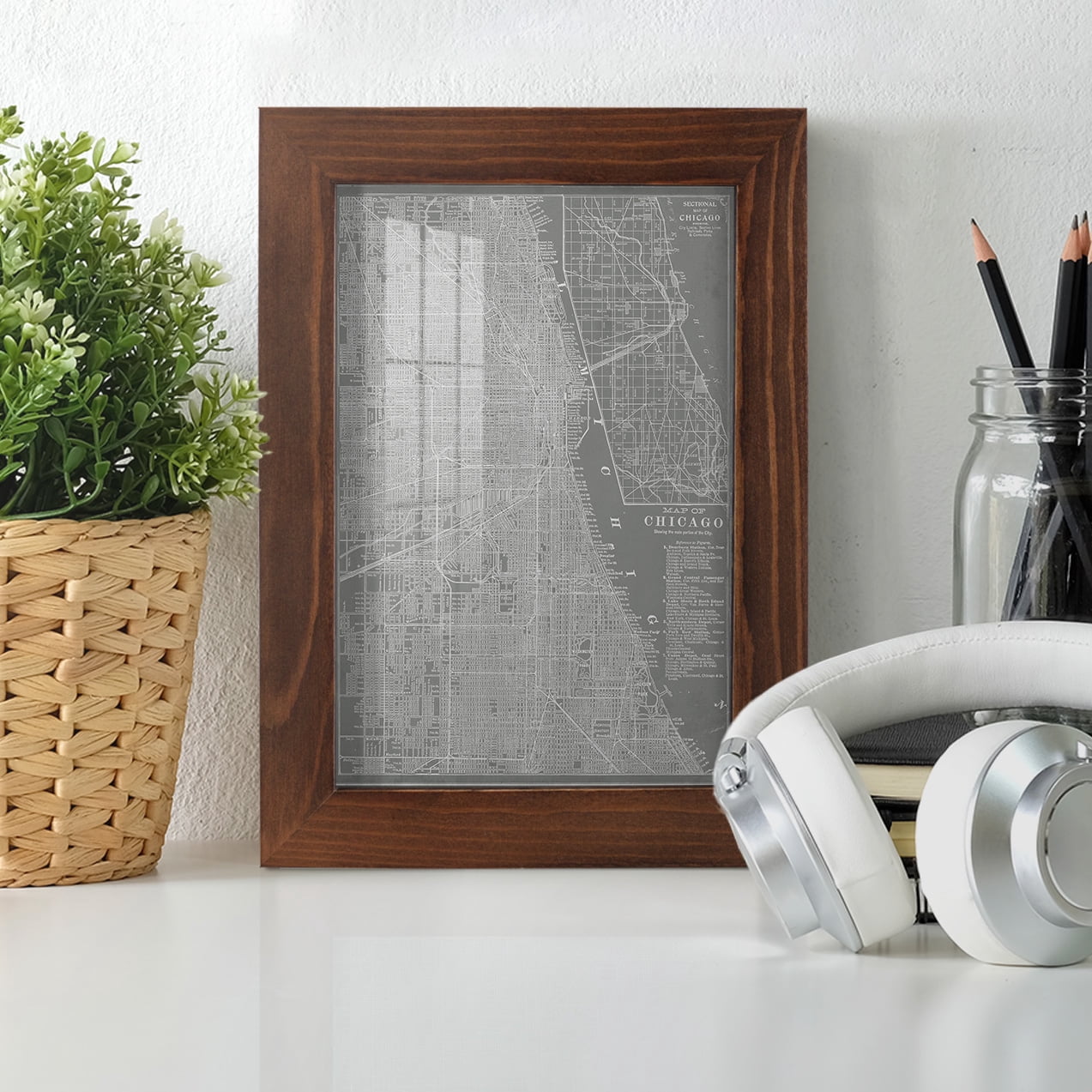 City Map of Chicago -Framed Print w/glass-Chestnut