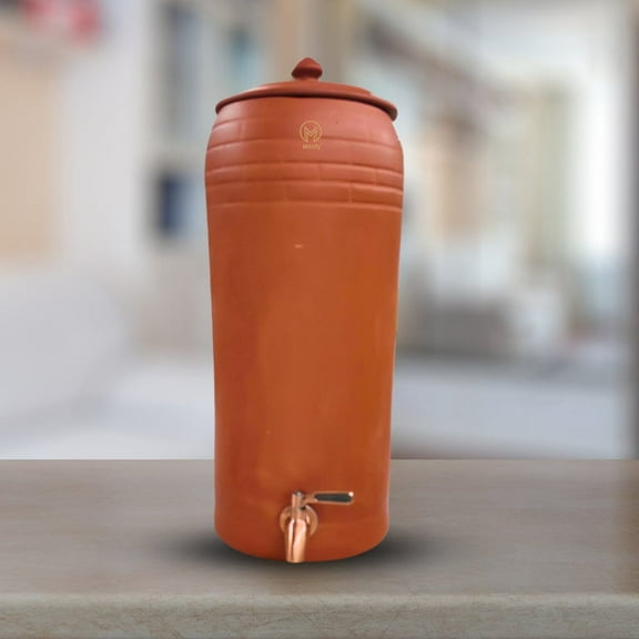 Mittify Handmade Clay Water Tumbler with Metal Tap, (338oz/10L) / Terracotta Water Dispenser / 100% Eco Friendly Earthen Water Pot