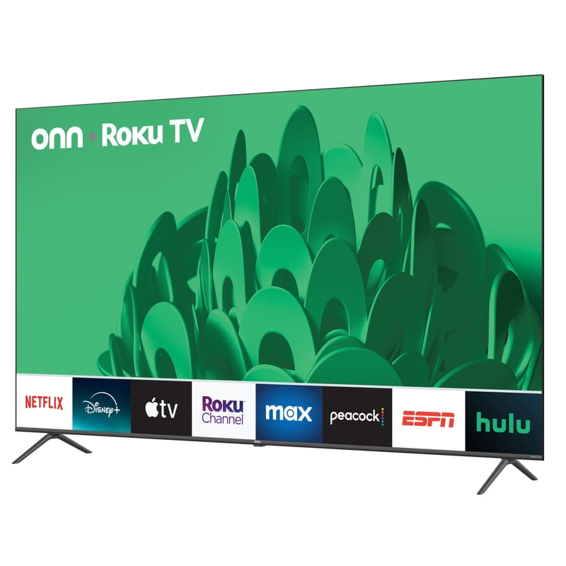 onn 85" Class 4K UHD Roku Smart Television, 100150805 front and back view