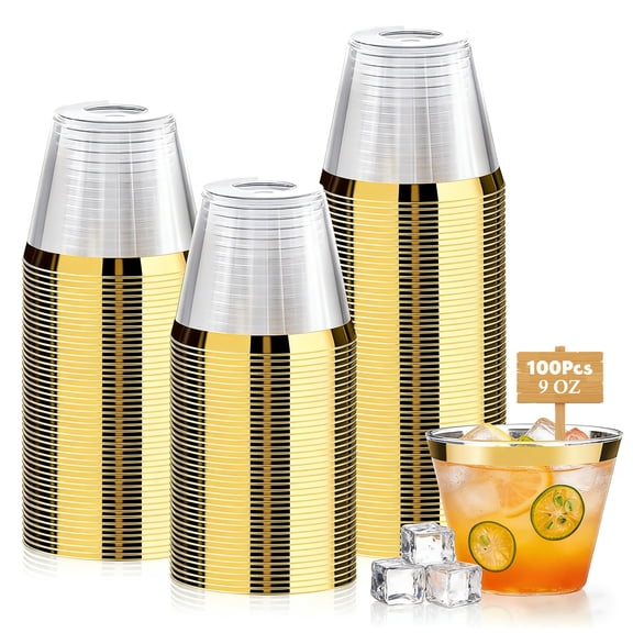 Godance 100 Pack 9 Oz Gold Plastic Cups, Disposable Clear Gold Rim Cups, Heavy Duty Plastic Wine Glasses, Fancy Party Cups Wedding Cups for Drinkings, BPA Free