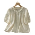 thumbnail image 4 of Gamivast Short Puff Sleeve Shirts for Women Ruffle Neck Button Down Blouses Casual Loose Fit Flowy Peplum Tops Summer Elegant Babydoll Tunic Tees for Women Beige M, 4 of 8