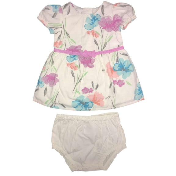 Infant Girls White Flower Flared Baby Dress Floral Bow Front & Diaper Cover 12M