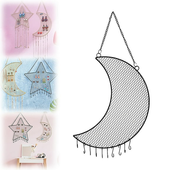 1PC Earring Wall Holder Hanging Jewelry Storage Organizer Metal Grid Star And Moon Shape Jewelry Rack For Ladies And Girls(Black, 5.3x11.8in)
